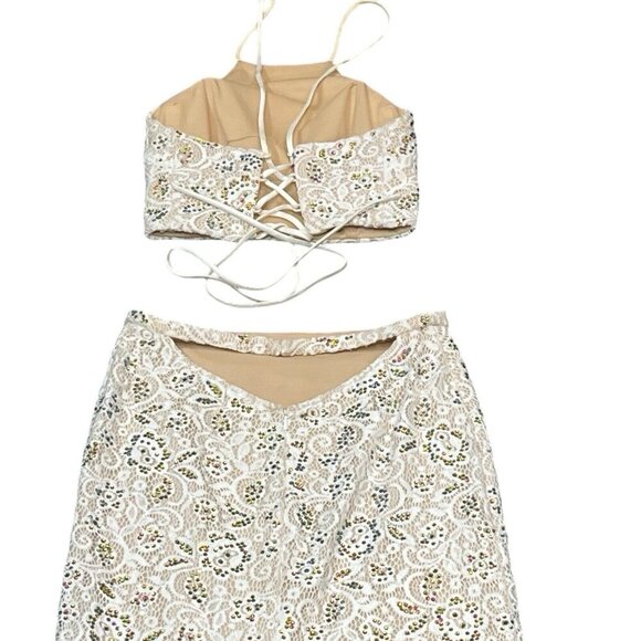 La‎ Femme 2 Piece Gown Womens 8 White Sequin Lace Halter Lace Up Slit Maxi Skirt - Picture 2 of 16